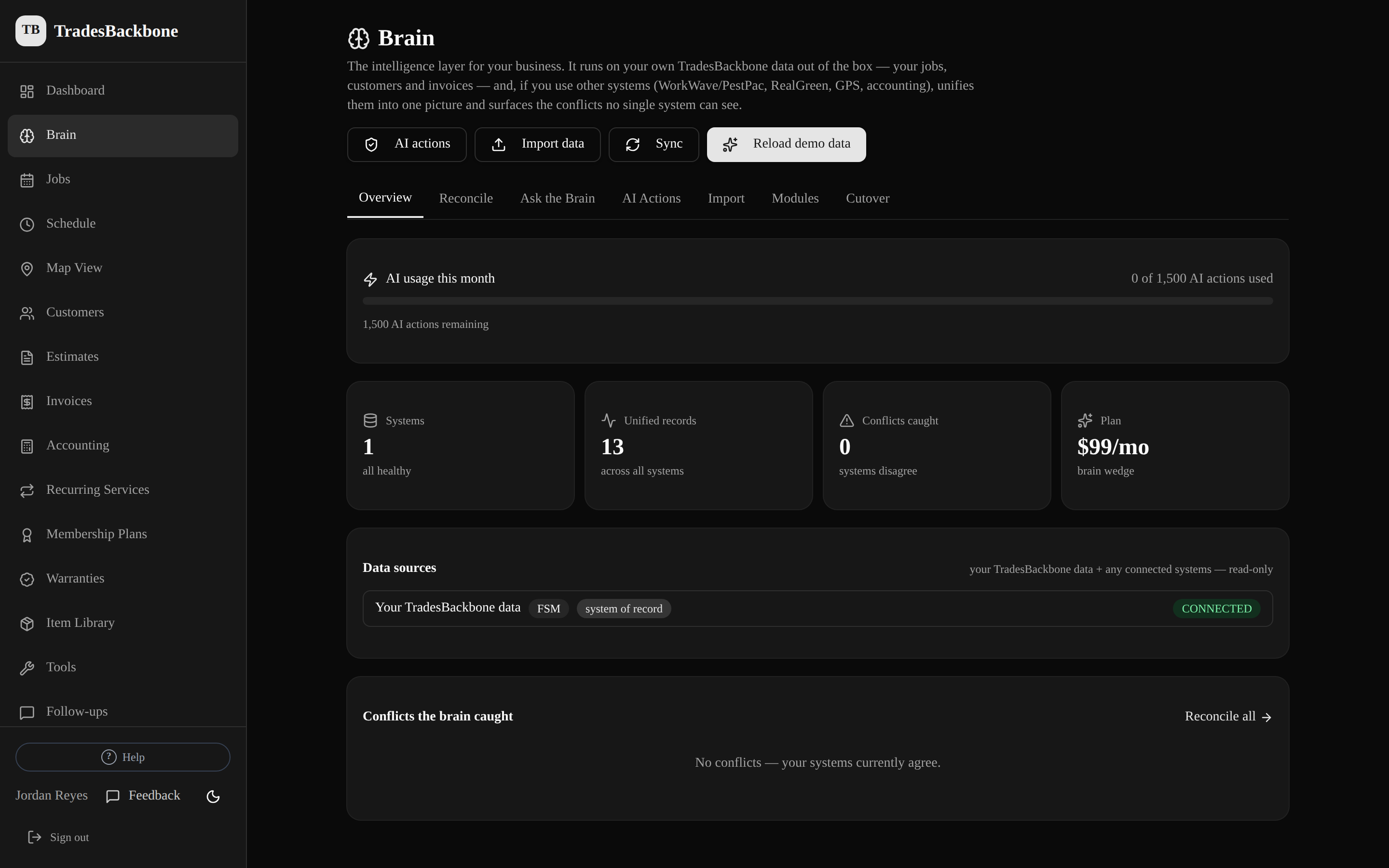 The TradesBackbone AI Brain, showing unified records and conflicts caught across systems