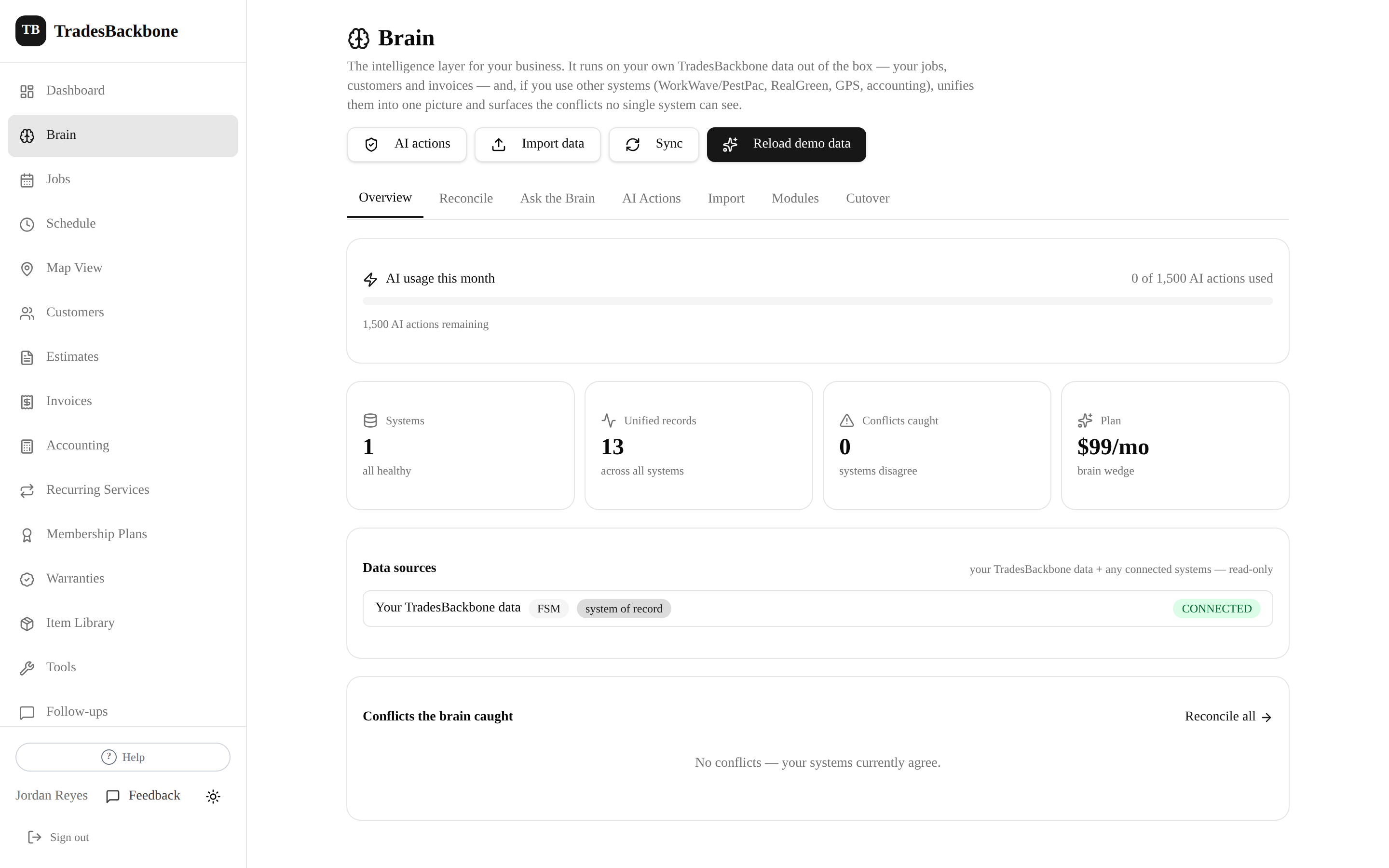The TradesBackbone AI Brain, showing unified records and conflicts caught across systems