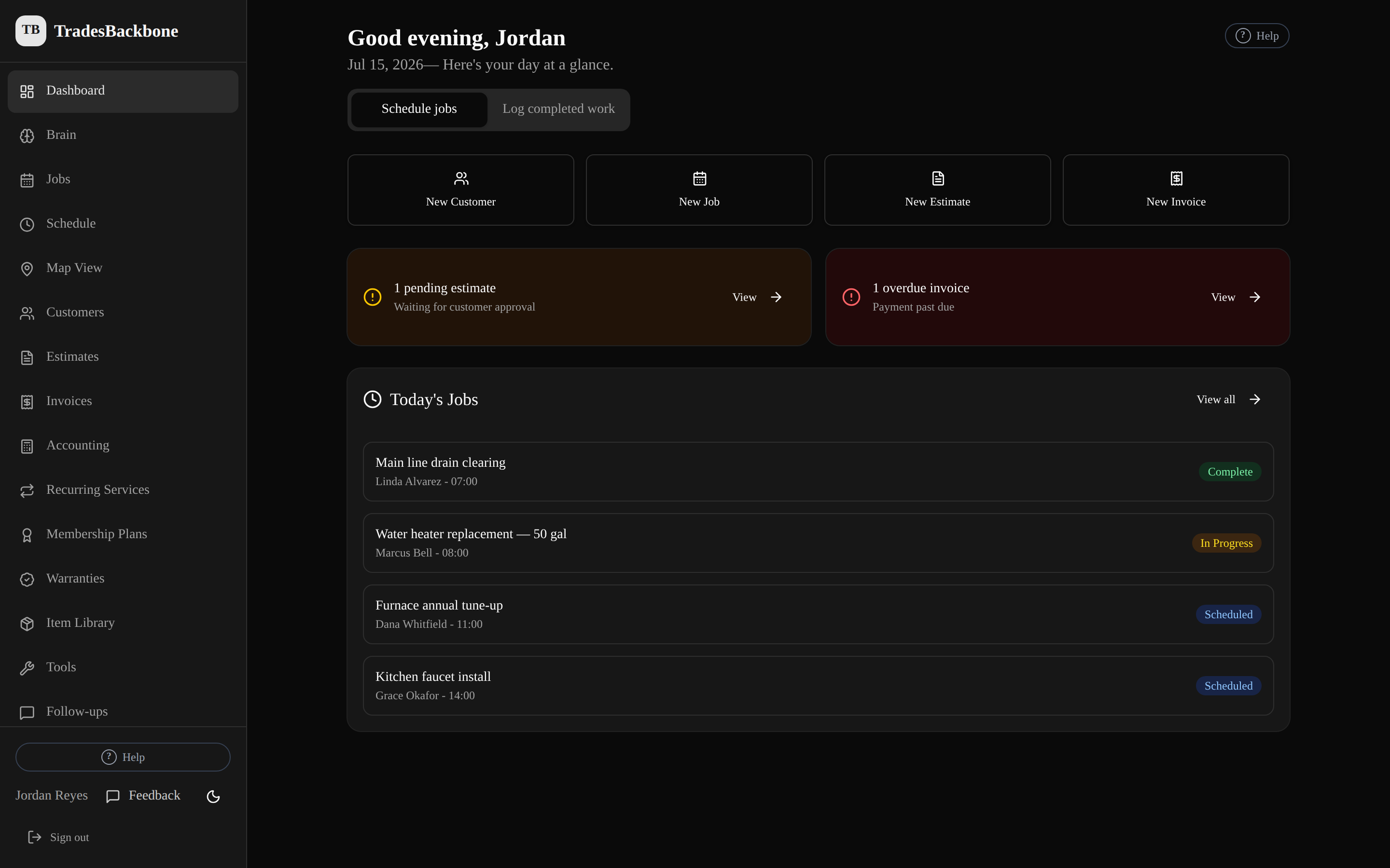 TradesBackbone dashboard: today's jobs, pending estimates, and an overdue invoice at a glance