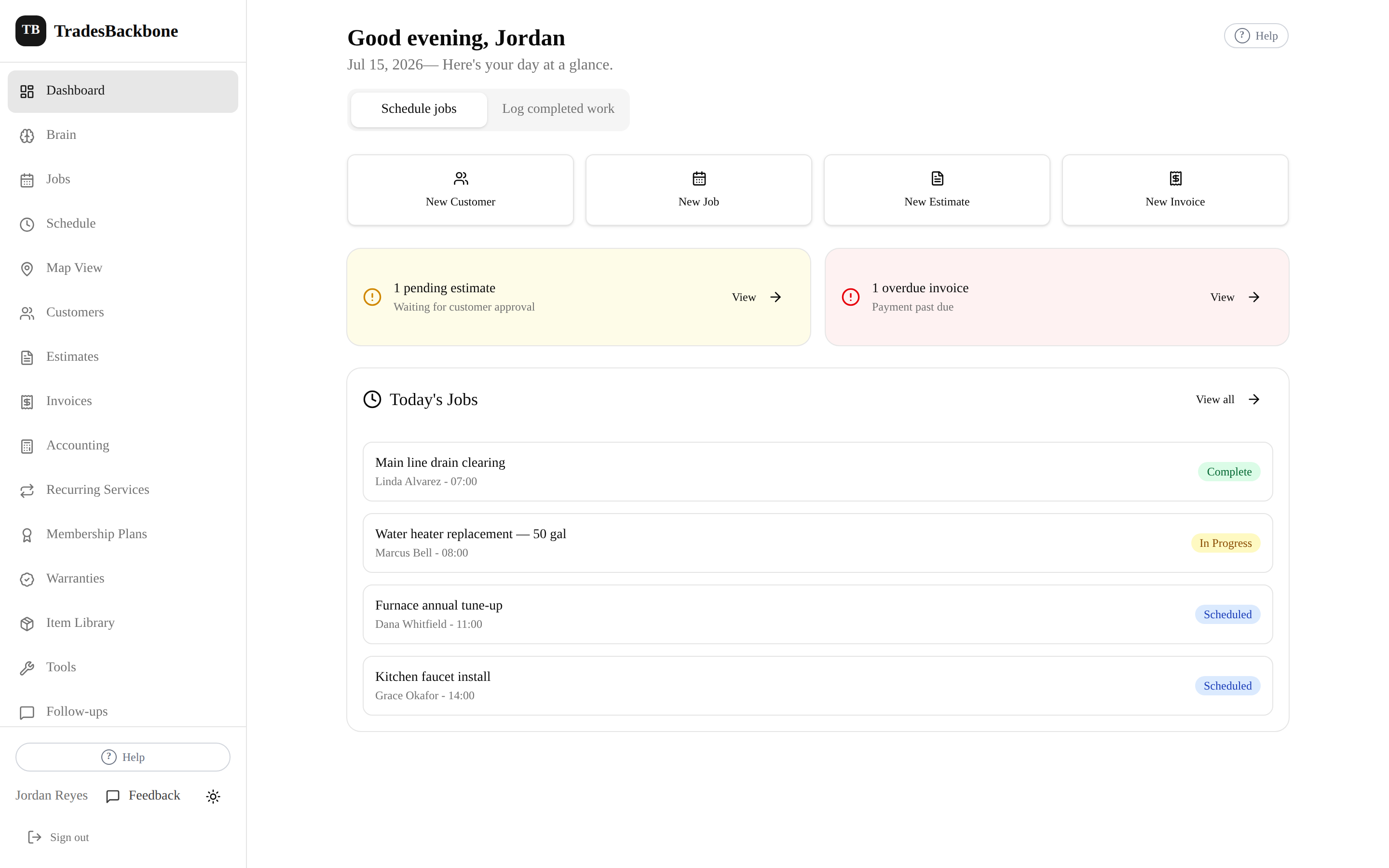 TradesBackbone dashboard: today's jobs, pending estimates, and an overdue invoice at a glance