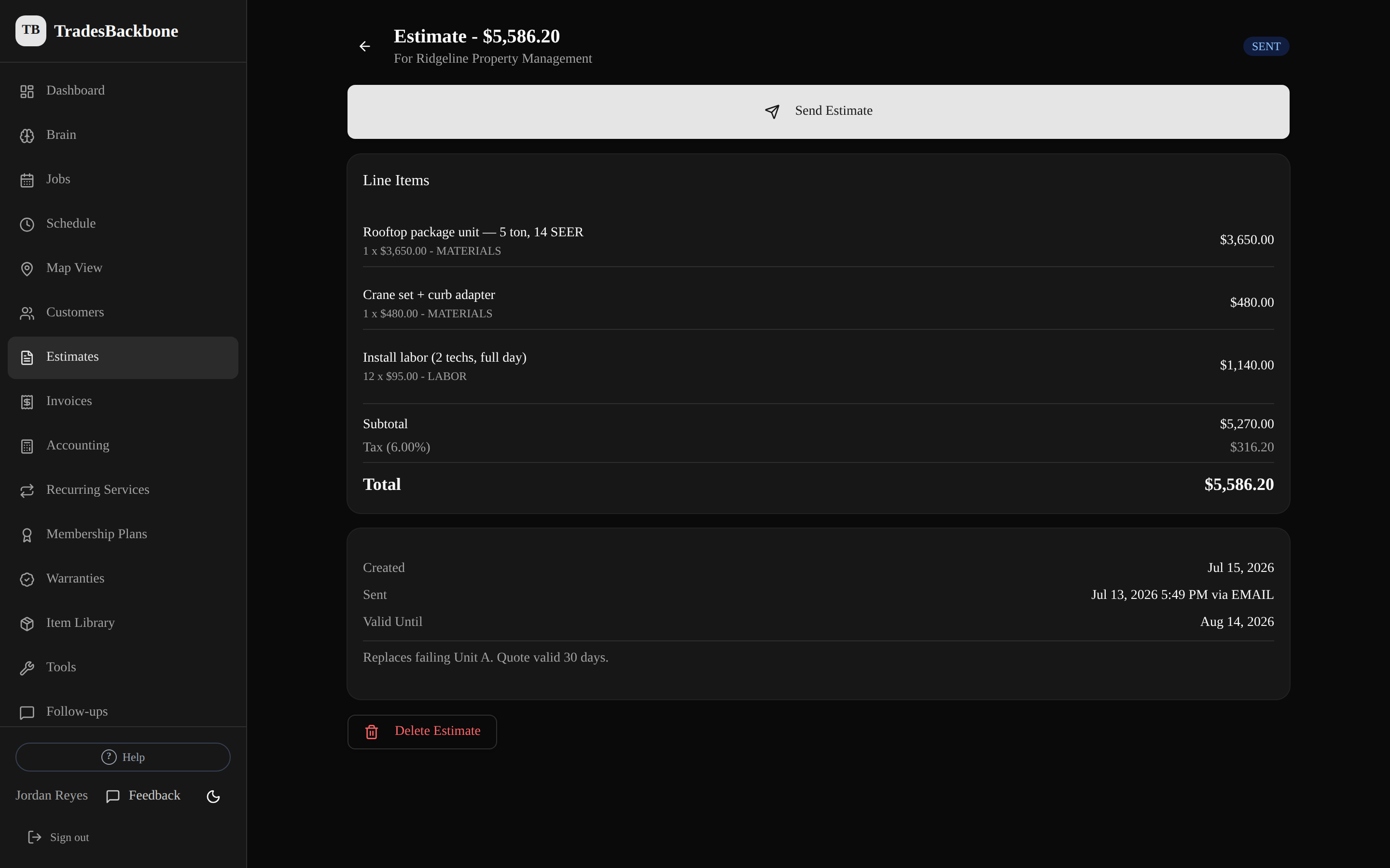 An approved estimate in TradesBackbone with a 'Create invoice from estimate' action