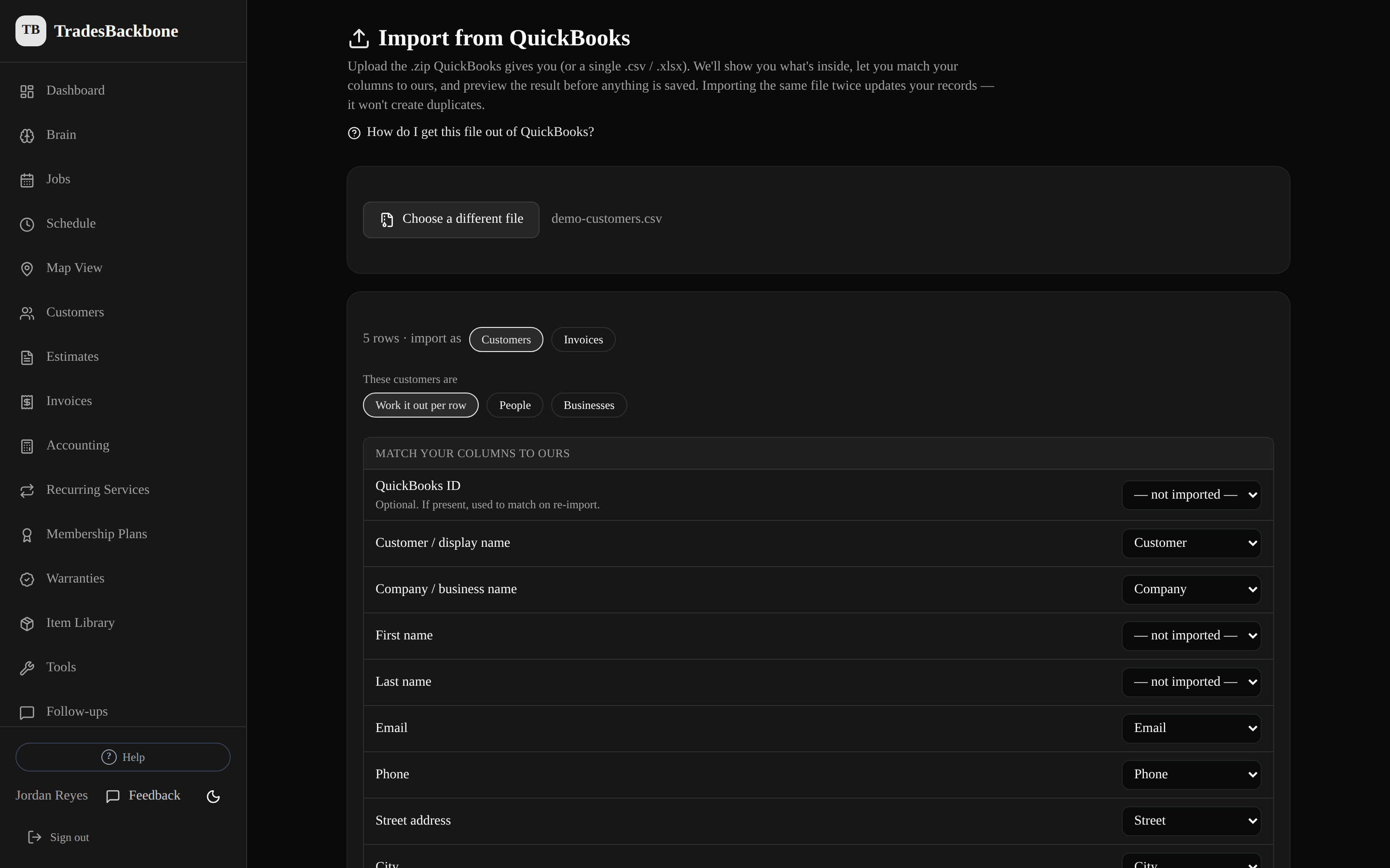 The TradesBackbone import screen: columns matched to fields, with a preview of what will be saved