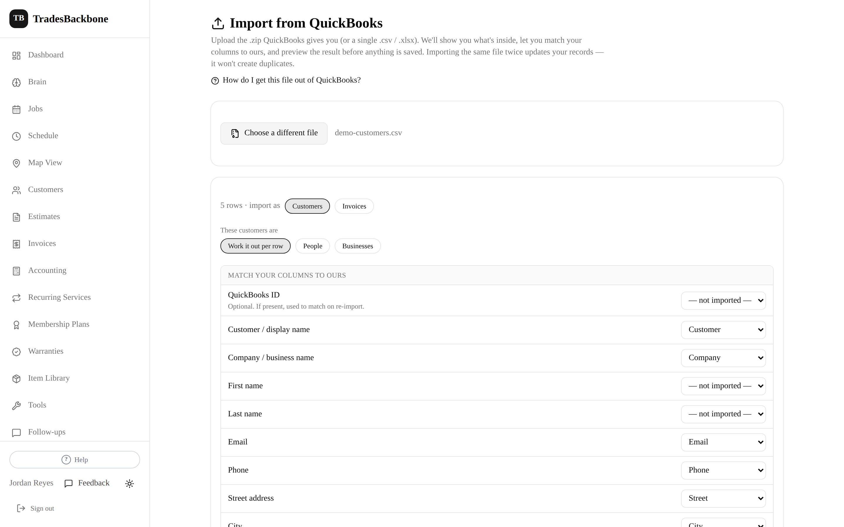 The TradesBackbone import screen: columns matched to fields, with a preview of what will be saved