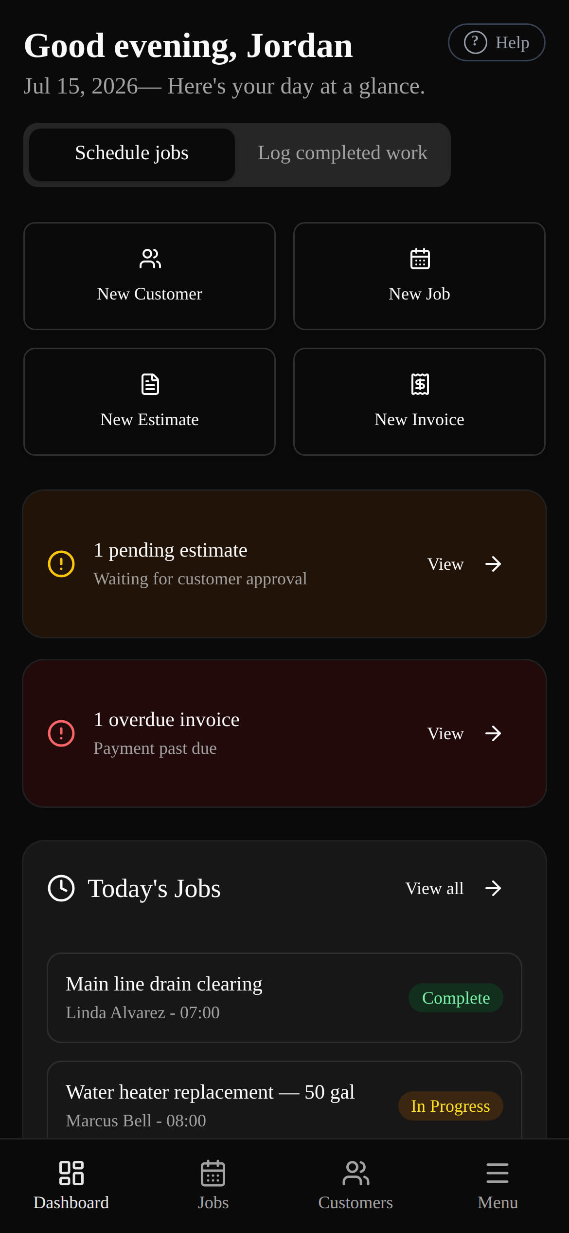 TradesBackbone dashboard on a phone: today's jobs and quick actions