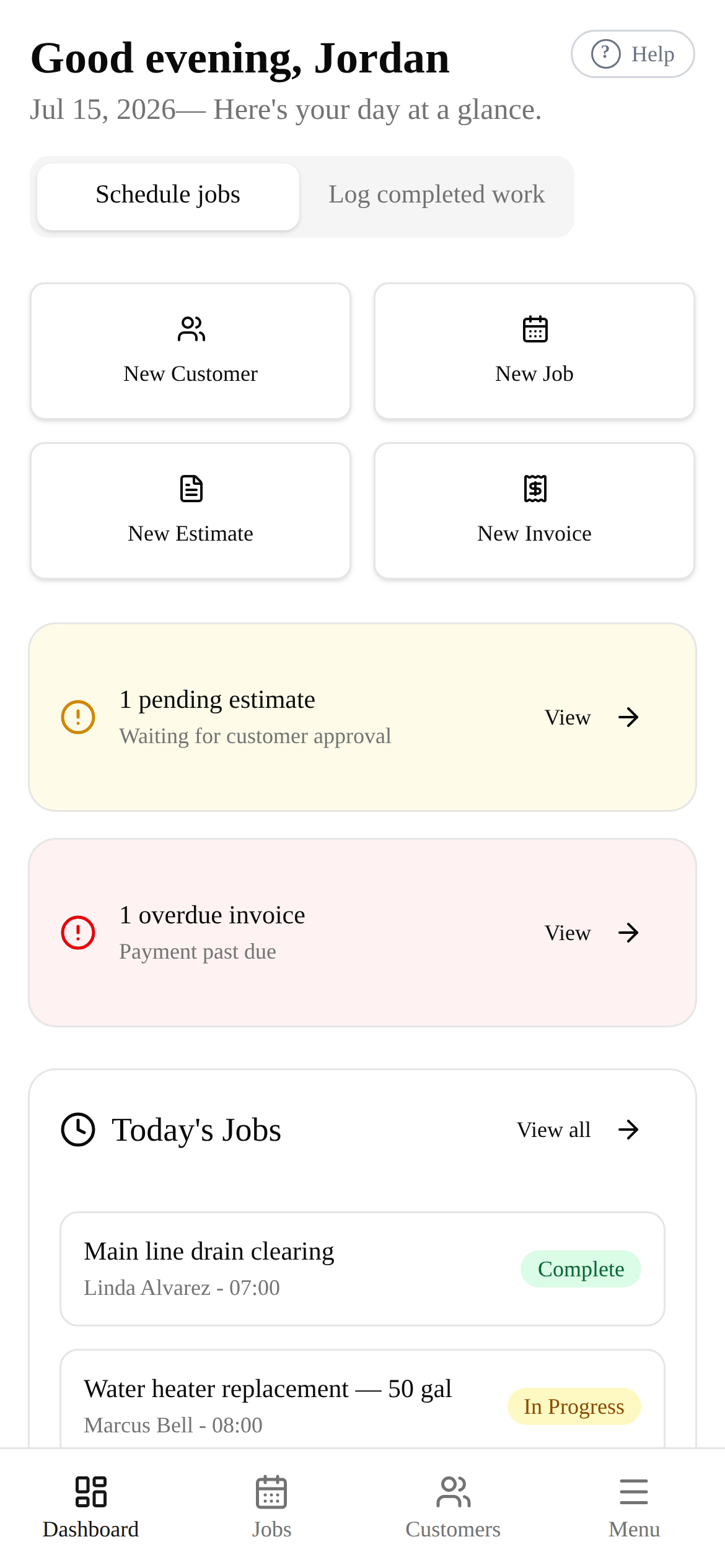 TradesBackbone dashboard on a phone: today's jobs and quick actions