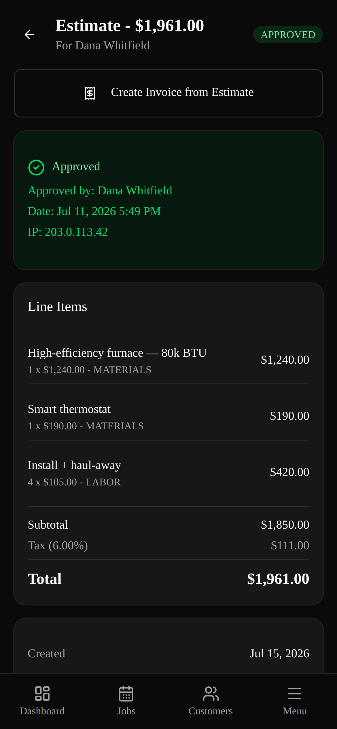 Building and approving an estimate on a phone in TradesBackbone