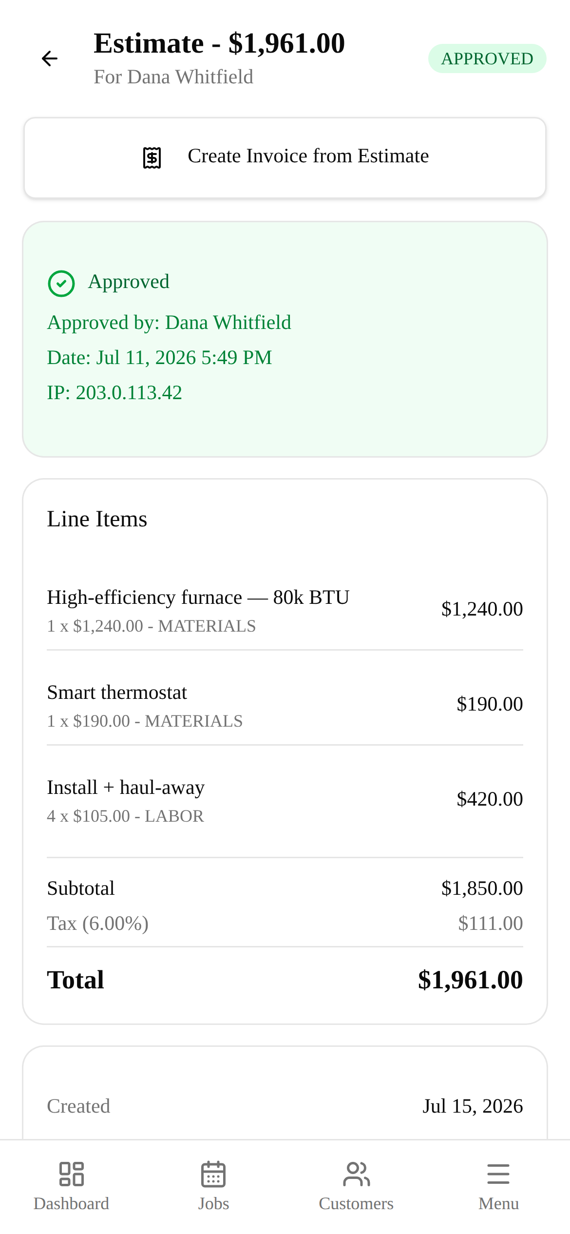 Building and approving an estimate on a phone in TradesBackbone
